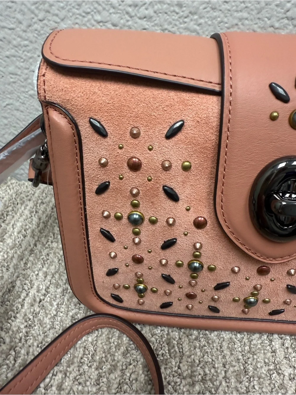 Coach Page Prairie Rivets Coral Pink Leather Studded Turnlock Shoulder/Cross Bag